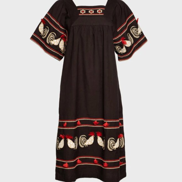 Frances Valentine Picnic Rooster Embroidered Midi Dress Lagenlook Boho Cottage